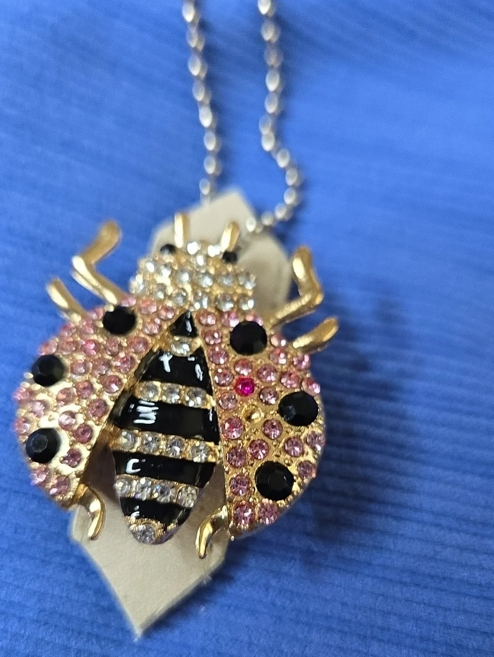 Gold-Tone Pink Crystal Ladybug Keychain with Black Accents
